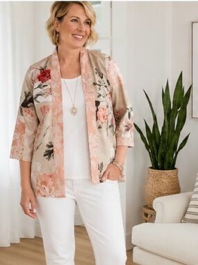 🌸 Chico’s Floral Open Front Jacket | Size 1 Lightweight Textured Blazer